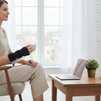 Femme portant une attelle de poignet noire ChronoStyle pour le soutien du canal carpien en travaillant au bureau