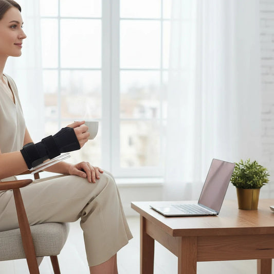 Femme portant une attelle de poignet noire ChronoStyle pour le soutien du canal carpien en travaillant au bureau