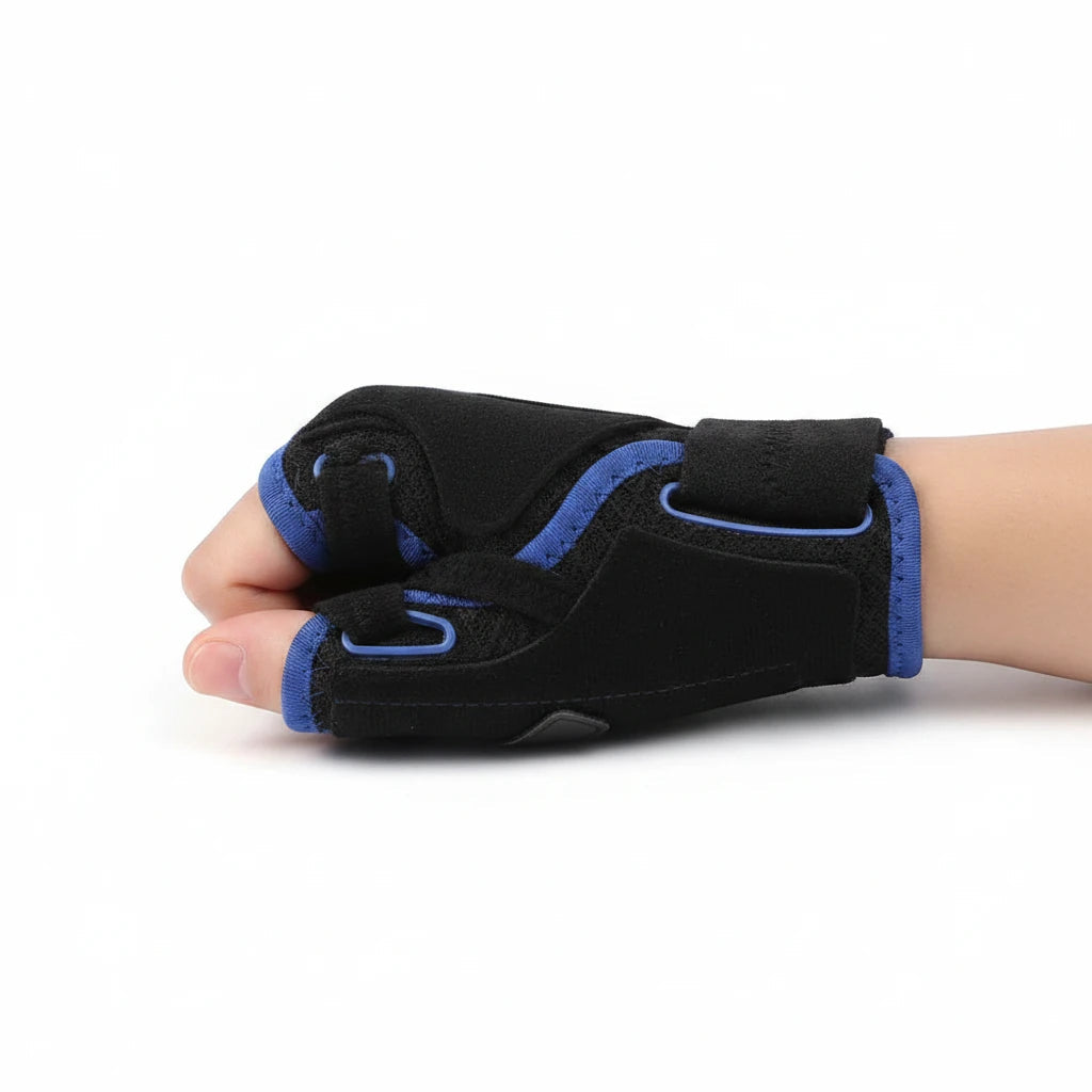 Attelle de pouce et stabilisateur de poignet ChronoStyle noir et bleu en tissu respirant pour arthrite et tendinite