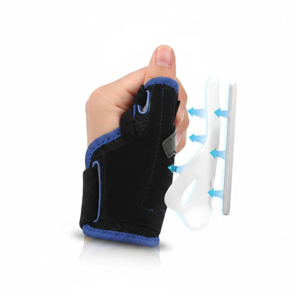 Attelle de pouce et stabilisateur de poignet ChronoStyle noir et bleu avec renfort ergonomique amovible pour le soutien