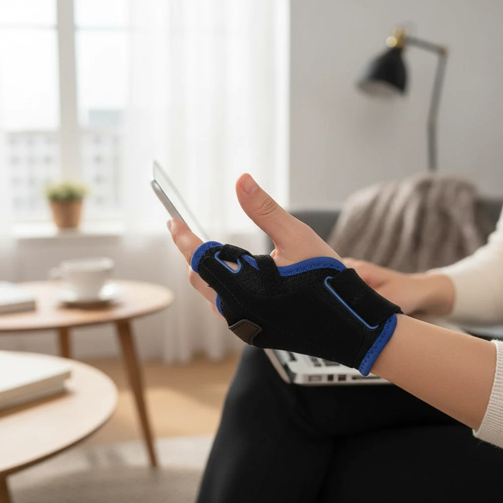 Attelle de pouce et stabilisateur de poignet ChronoStyle noir et bleu portée par une personne utilisant un smartphone