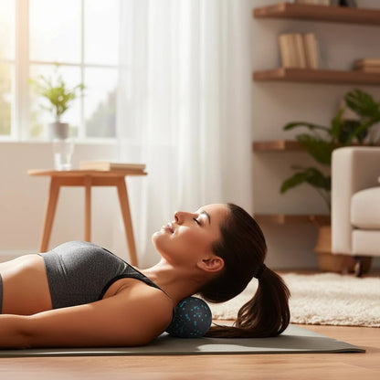 Femme utilisant la balle de massage ChronoStyle MyoRelease Pro noire pour détendre ses cervicales sur un tapis