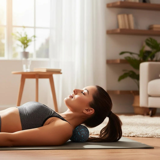 Femme utilisant la balle de massage ChronoStyle MyoRelease Pro noire pour détendre ses cervicales sur un tapis