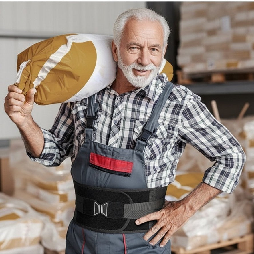 Homme âgé portant une ceinture de soutien lombaire noire ChronoStyle en maille 3D dans un entrepôt