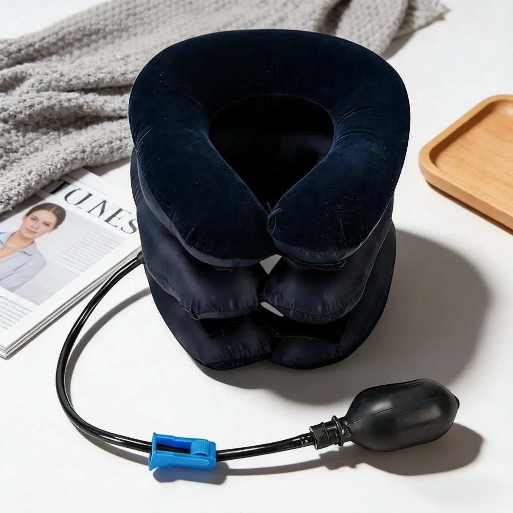 Collier de traction cervicale pneumatique bleu marine ChronoStyle avec poire de gonflage manuelle pour soulager le cou