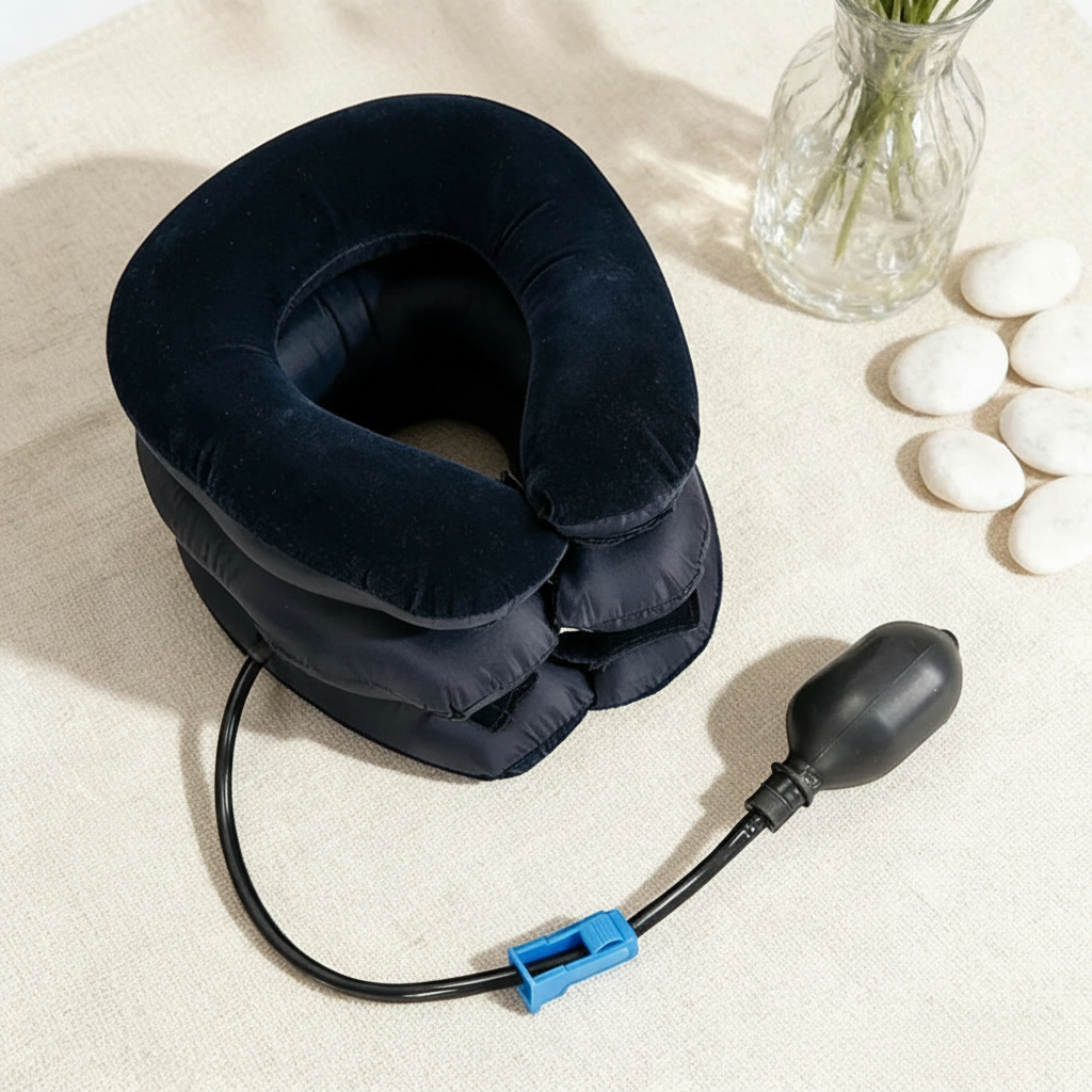 Collier de traction cervicale pneumatique noir ChronoStyle en tissu doux avec poire de gonflage manuelle