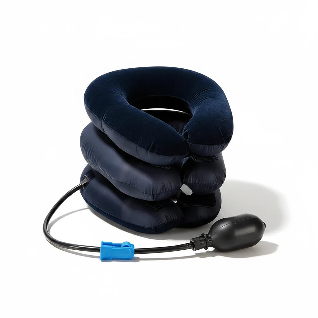 Dispositif de traction cervicale pneumatique bleu ChronoStyle avec poire de gonflage manuelle pour soulager la nuque