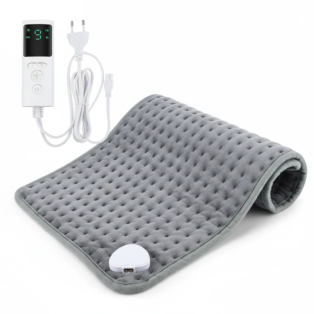 Coussin chauffant gris ChronoStyle en micro-peluche avec télécommande digitale pour soulager les douleurs musculaires