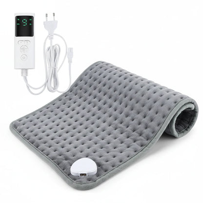Coussin chauffant gris ChronoStyle en micro-peluche avec télécommande digitale pour soulager les douleurs musculaires