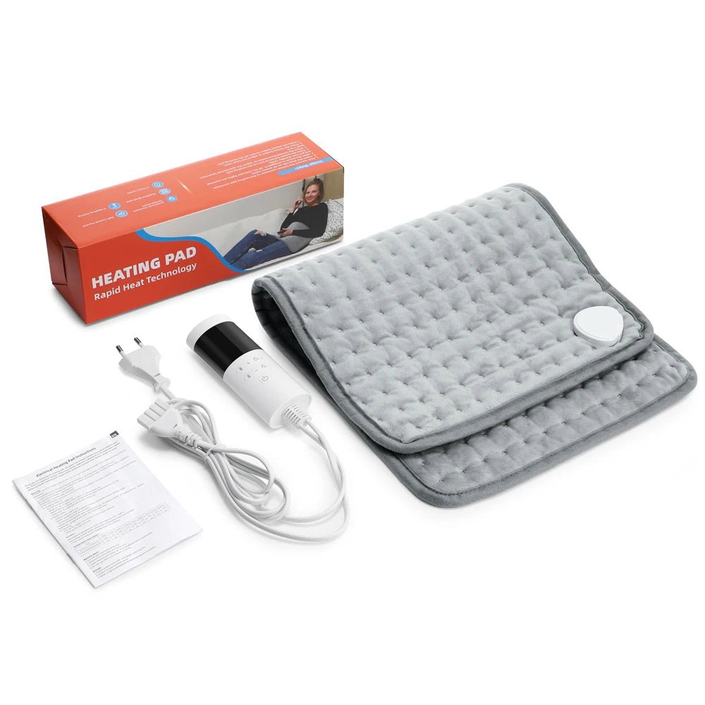 Coussin chauffant gris ChronoStyle en micro-peluche avec télécommande digitale et boîte d'emballage