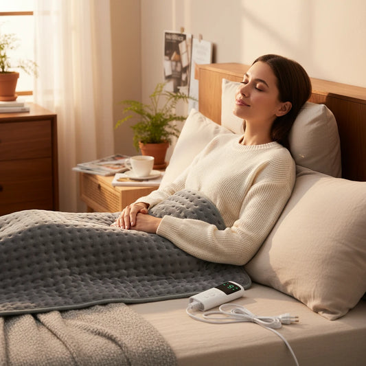 Femme détendue utilisant le coussin chauffant ChronoStyle ThermaCalm Pro gris en micro-peluche sur son lit