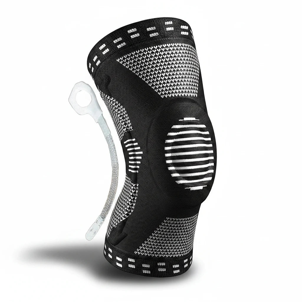 Genouillère de compression noire ChronoStyle en tricot respirant avec coussinet rotulien en silicone et ressorts