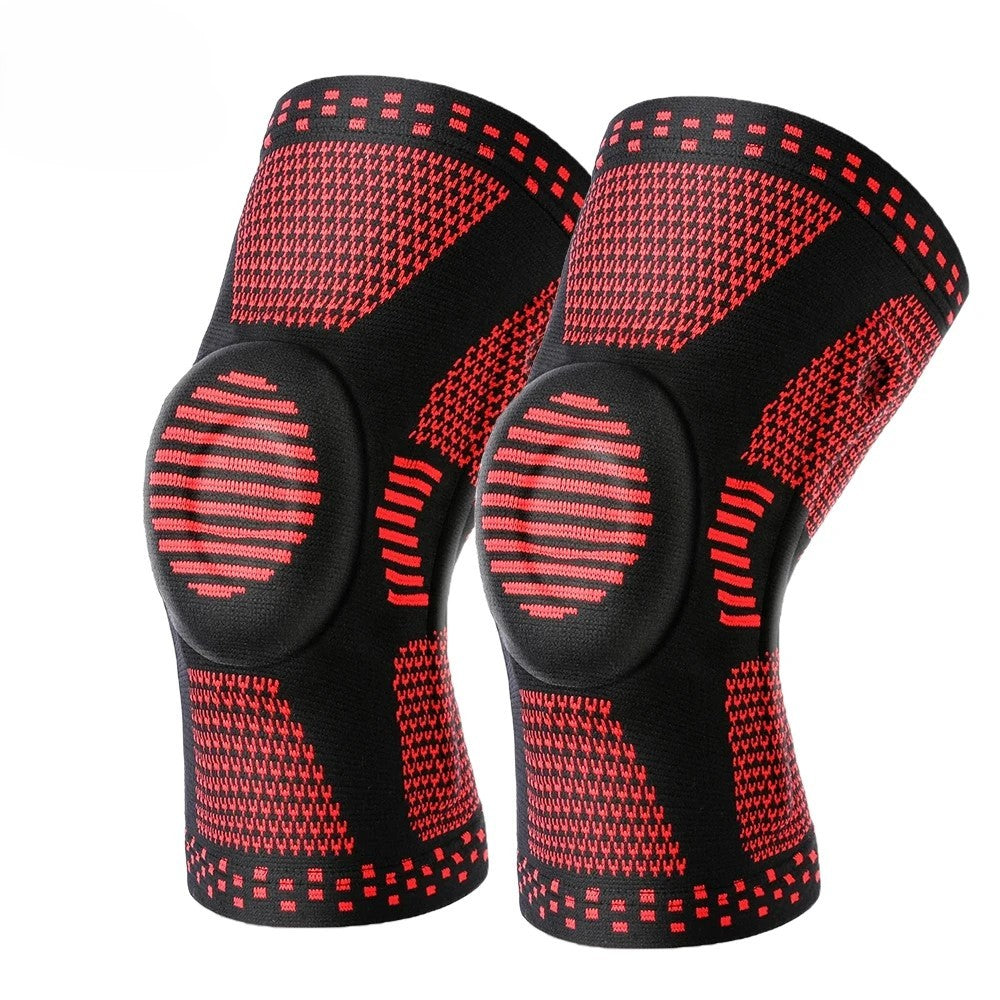 Genouillères de compression ChronoStyle noires et rouges en tricot avec coussinet rotulien en silicone pour le sport