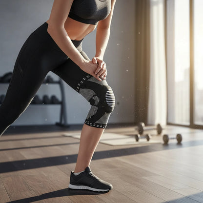 Genouillère de compression SPOSAFE noire et blanche avec support rotulien en silicone portée par une femme en salle