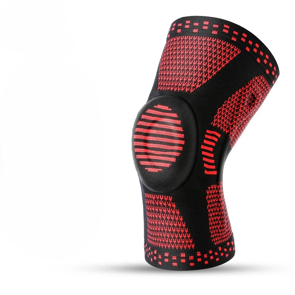 Genouillère de compression ChronoStyle noire et rouge en tricot avec coussinet rotulien en silicone pour le sport