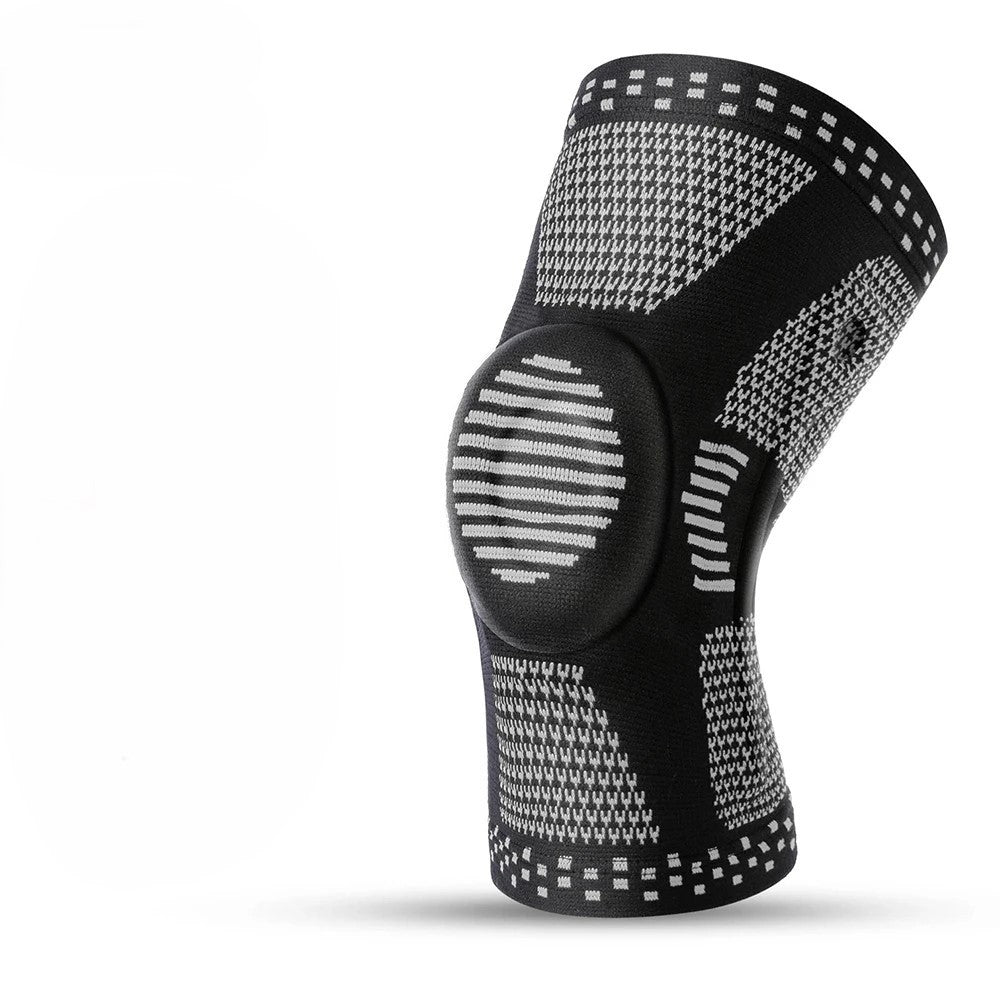 Genouillère de compression ChronoStyle noire et grise en tricot respirant avec stabilisateur de rotule en silicone