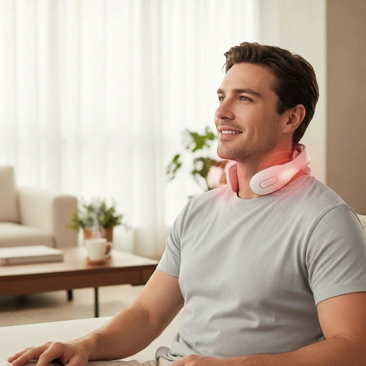 Homme souriant utilisant un masseur cervical intelligent ChronoStyle avec fonction chauffante pour soulager les tensions