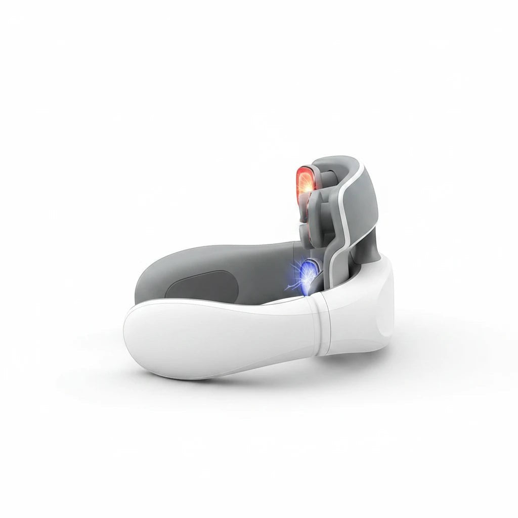 Masseur cervical intelligent ChronoStyle avec technologie TENS, design ergonomique blanc et gris, chauffage et impulsions