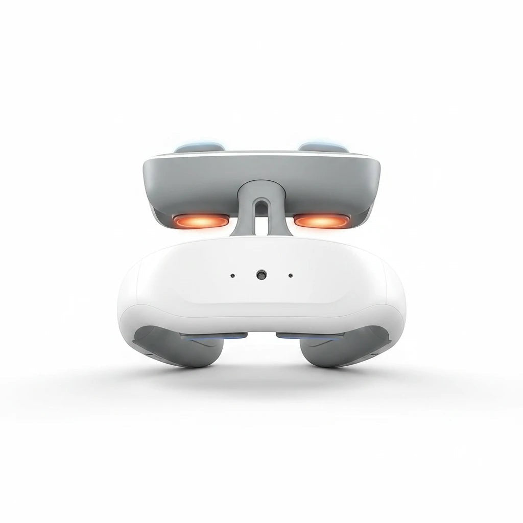 Masseur cervical intelligent ChronoStyle avec technologie TENS, design ergonomique blanc et têtes chauffantes lumineuses