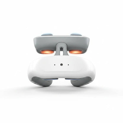 Masseur cervical intelligent ChronoStyle avec technologie TENS, design ergonomique blanc et têtes chauffantes lumineuses
