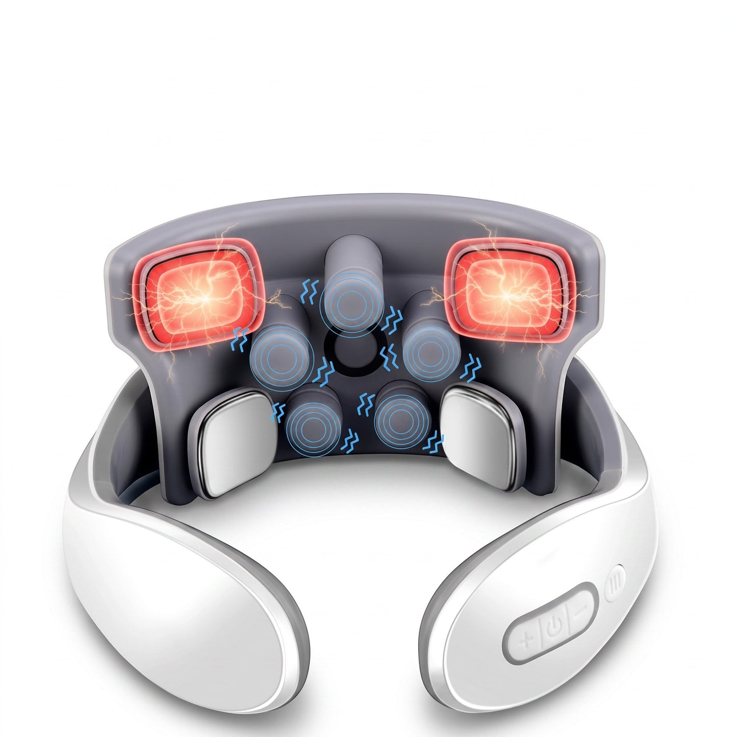Masseur cervical ChronoStyle CerviPulse Pro blanc avec électrodes TENS, thermothérapie chauffante et design en U.