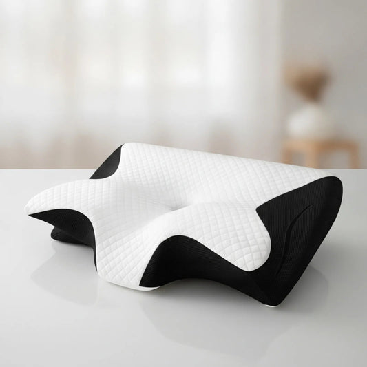 Oreiller ergonomique CerviRest Pro ChronoStyle en mousse à mémoire de forme blanc et noir avec design profilé.